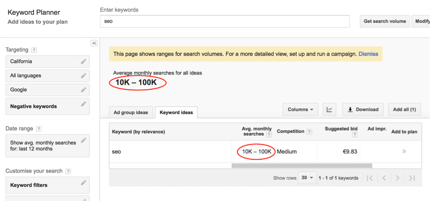 Screenshot 1: KWFinder exact values vs. Google Keyword Planner