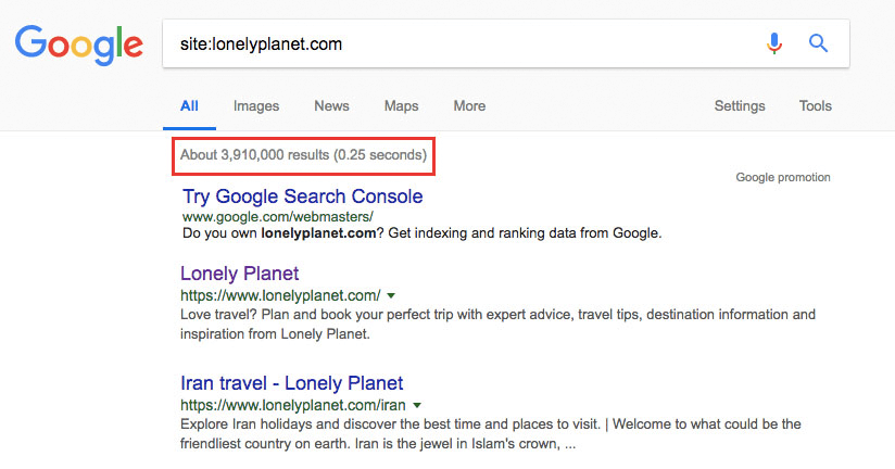 Number of search result for the "site:lonelyplanet.com" search operator in Google