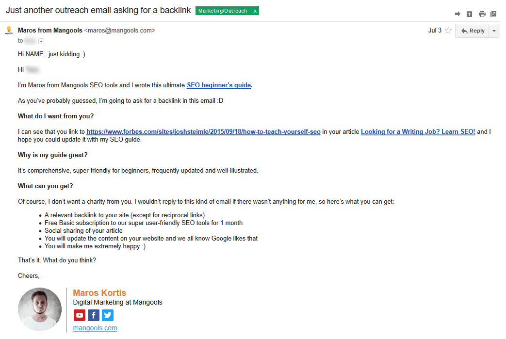 Skyscraper email outreach template