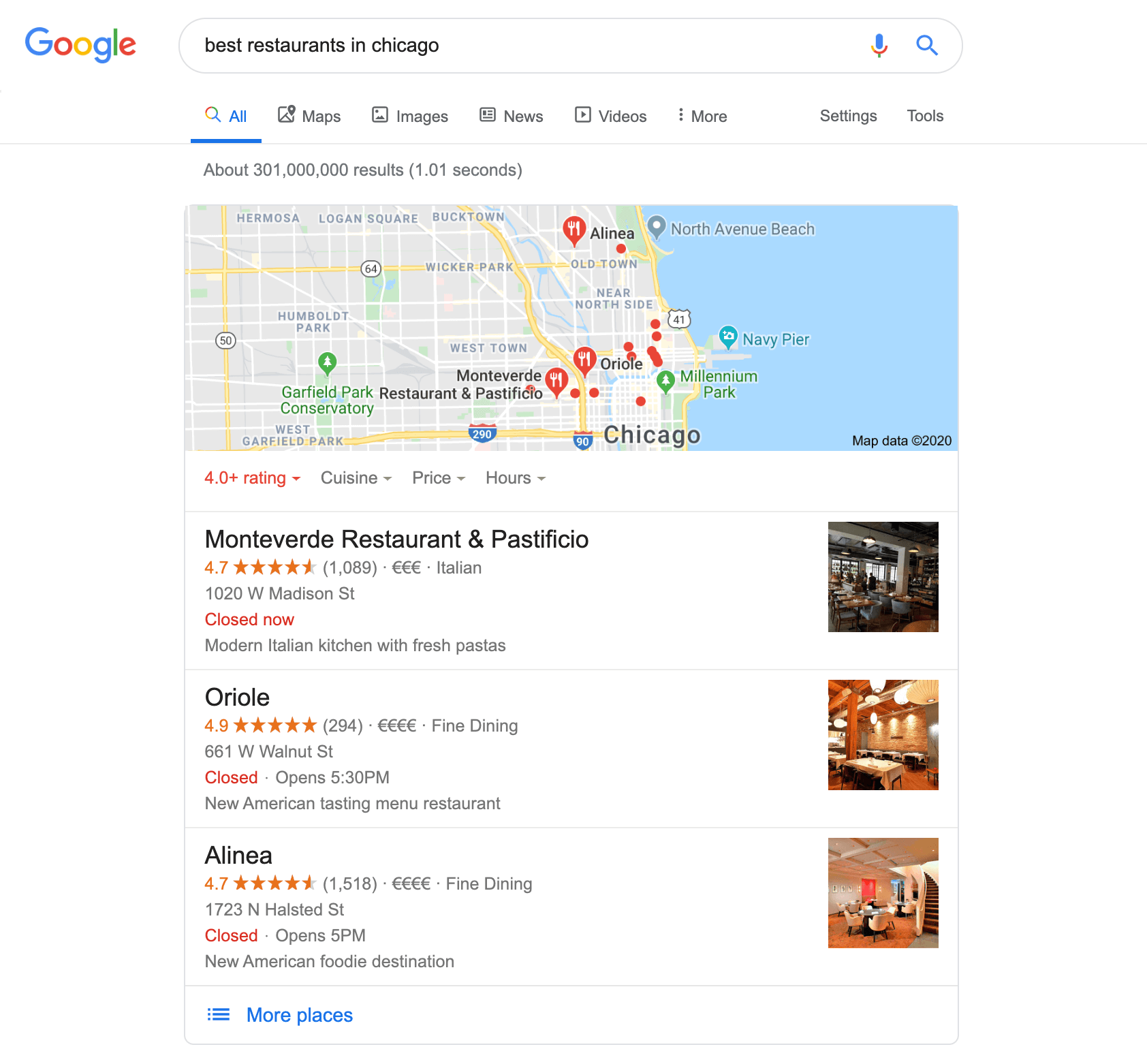 Best restaurants in Chicago Google map pack results