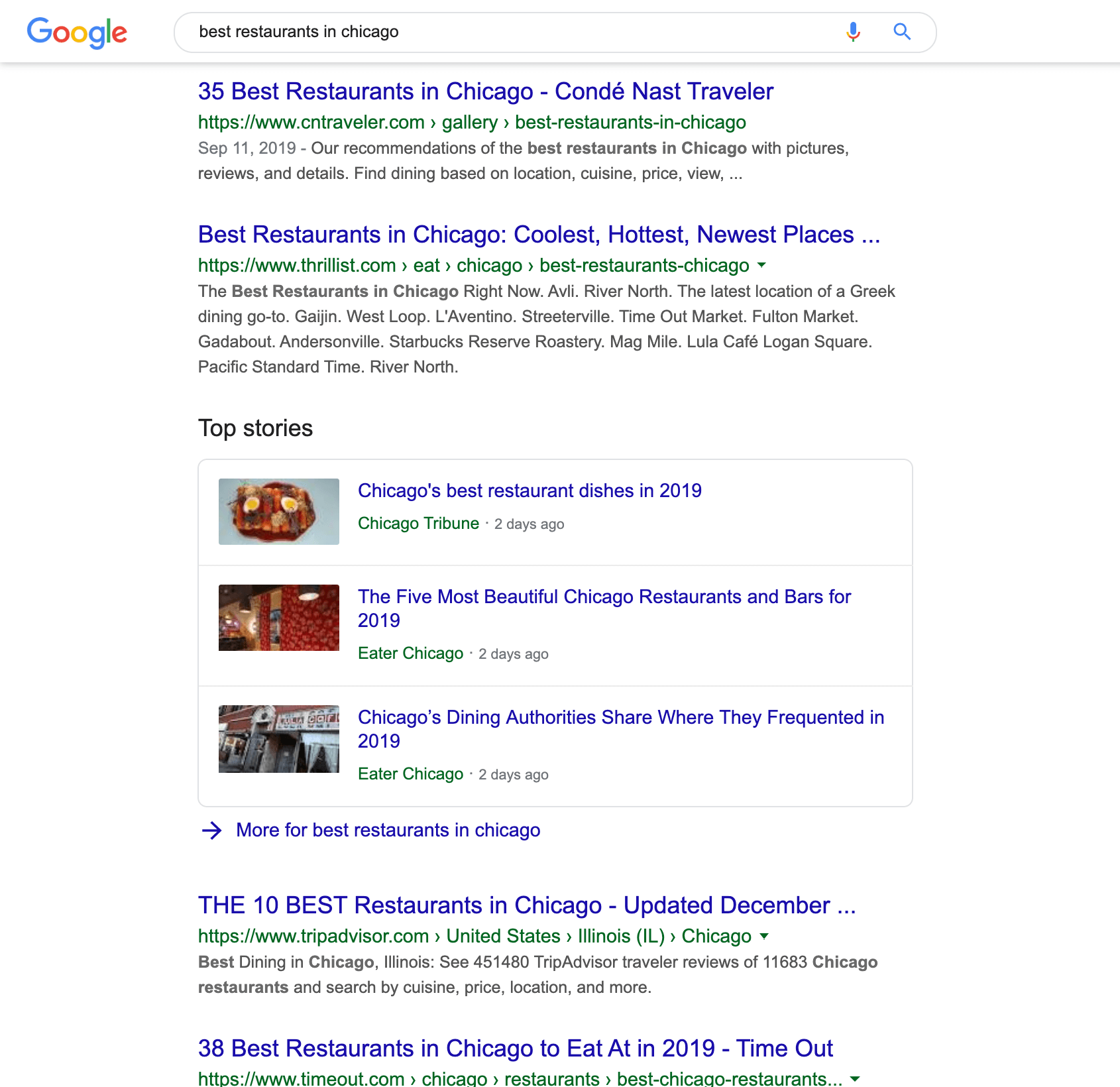 Organic search results for "best restaurants in Chicago" keyword