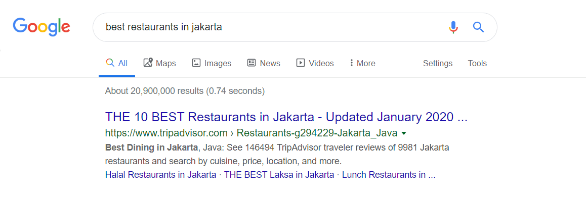 1st SERP results for keyword "best restaurants in Jakarta"