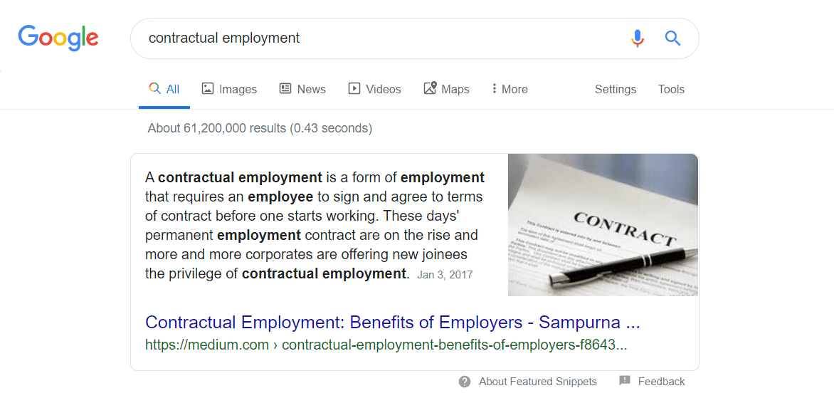 Featured snippet for keyword "contractual employment"