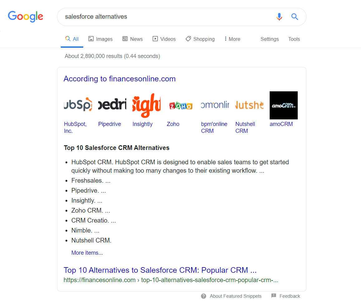 Featured snippet of review portal in the SERP