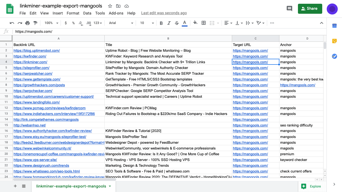 Example export in LinkMiner for mangools.com