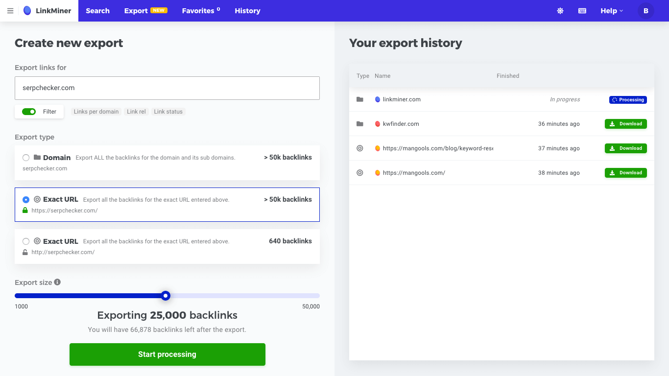 LinkMiner backlink export