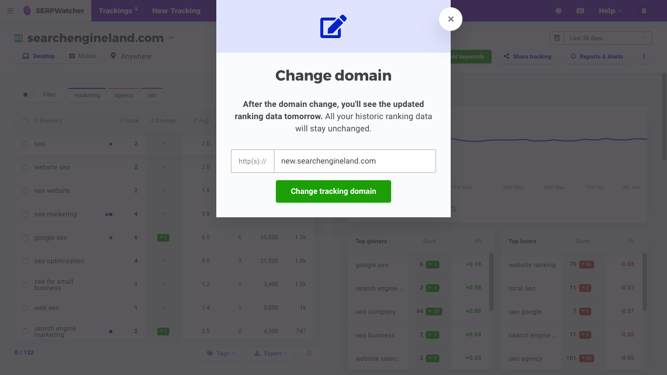 SERPWatcher edit tracking domain