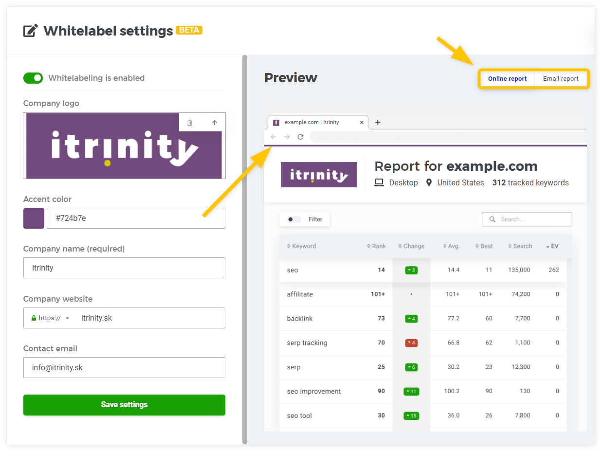 online report and the email report preview in SERPWatcher - example