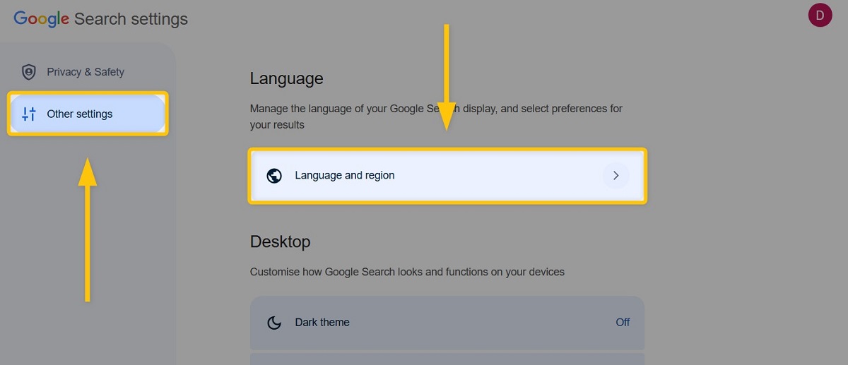 Step 3 - Click on Other settings tab and choose Language and region